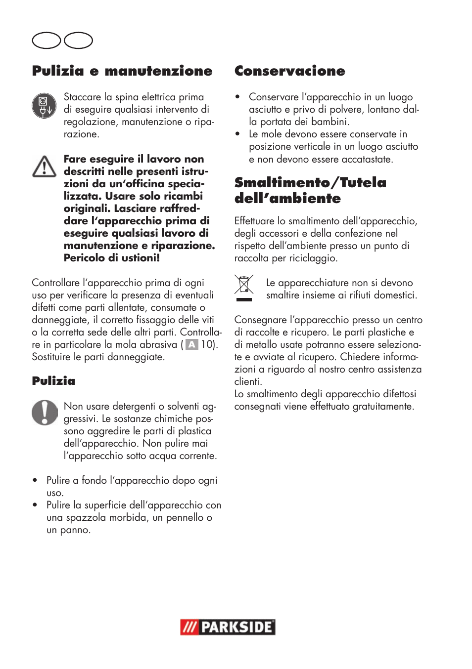 Pulizia e manutenzione, Conservacione, Smaltimento/tutela dell’ambiente | Parkside PSS 65 A1 User Manual | Page 14 / 72