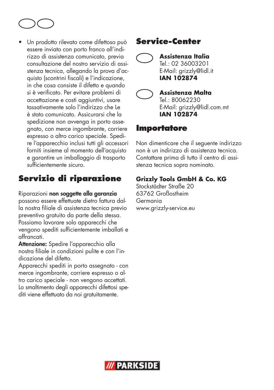 Servizio di riparazione, Service-center, Importatore | Parkside PSS 65 A1 User Manual | Page 18 / 72