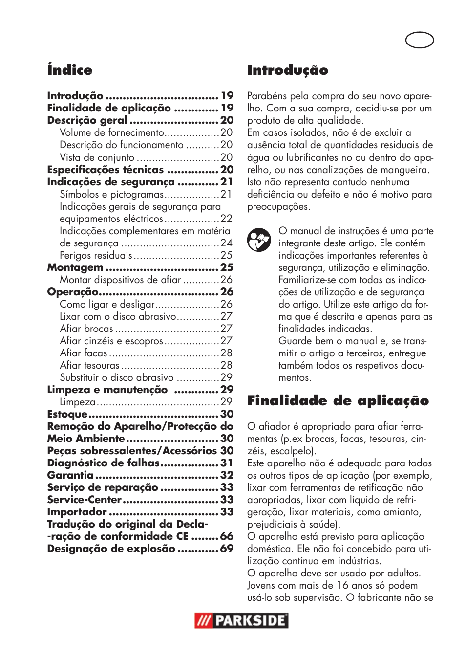 Índice, Introdução, Finalidade de aplicação | Parkside PSS 65 A1 User Manual | Page 19 / 72