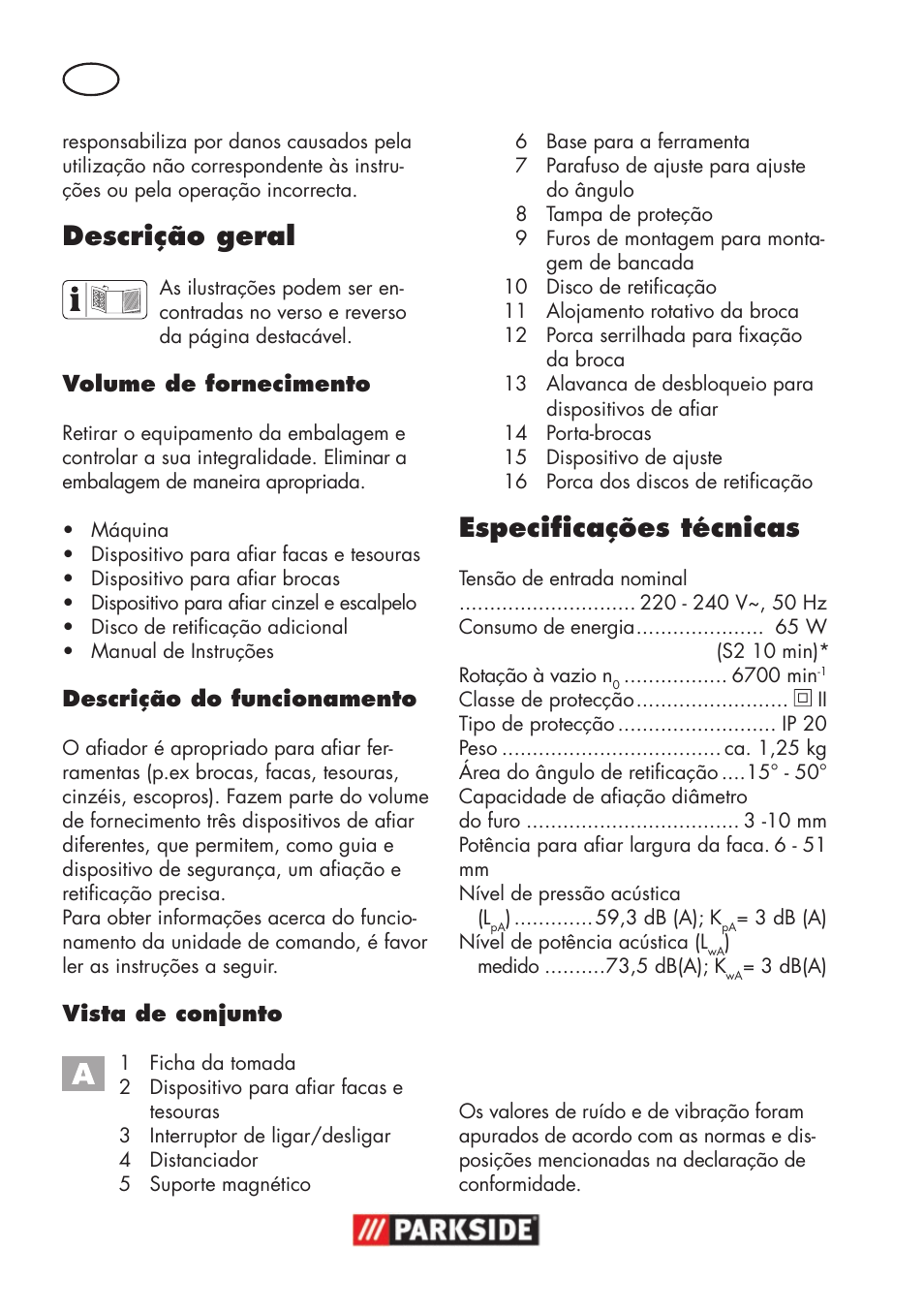 Descrição geral, Especificações técnicas | Parkside PSS 65 A1 User Manual | Page 20 / 72