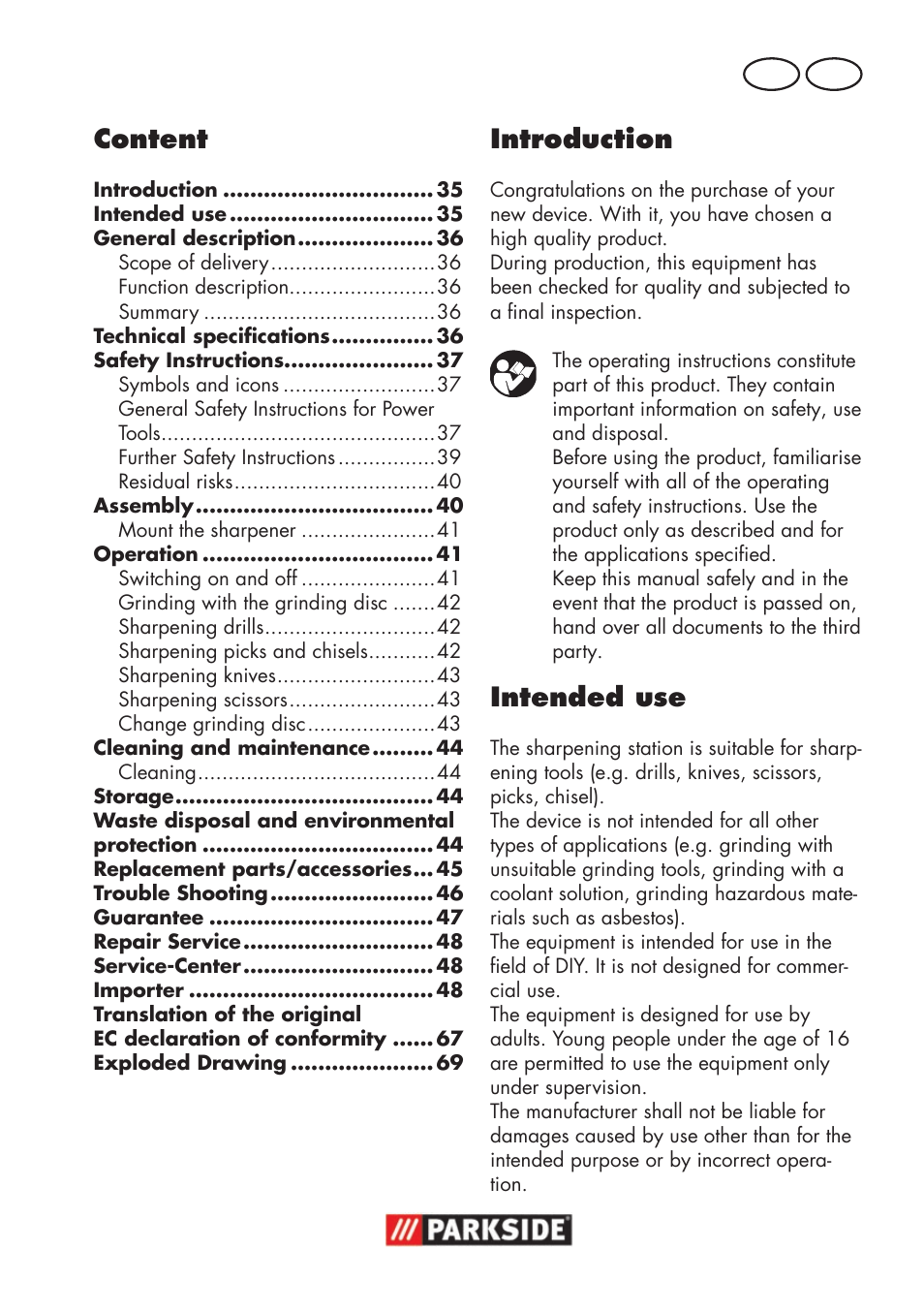 Content, Introduction, Intended use | Gb mt | Parkside PSS 65 A1 User Manual | Page 35 / 72