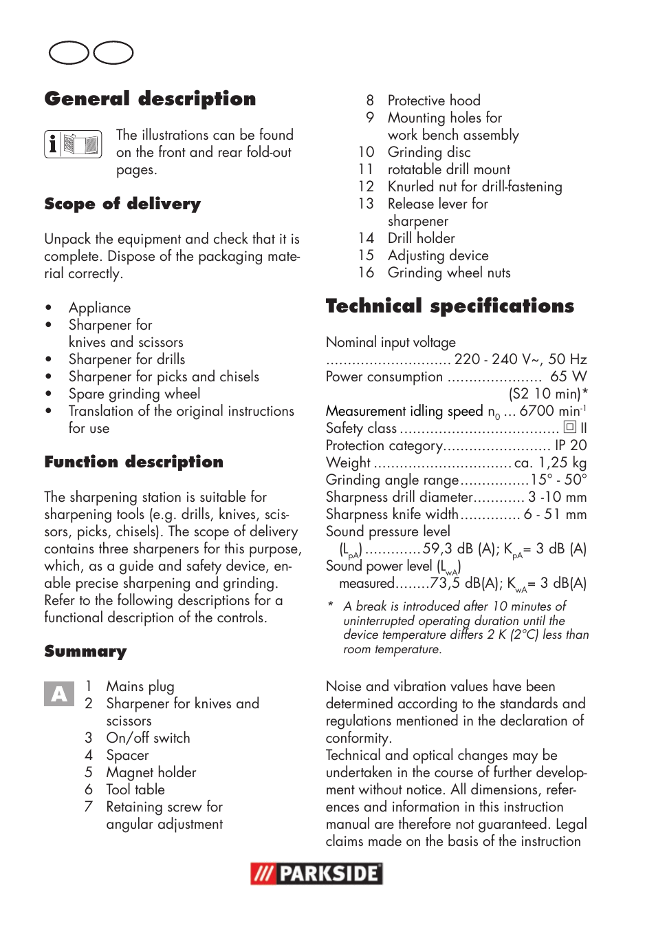 General description, Technical specifications, Gb mt | Parkside PSS 65 A1 User Manual | Page 36 / 72