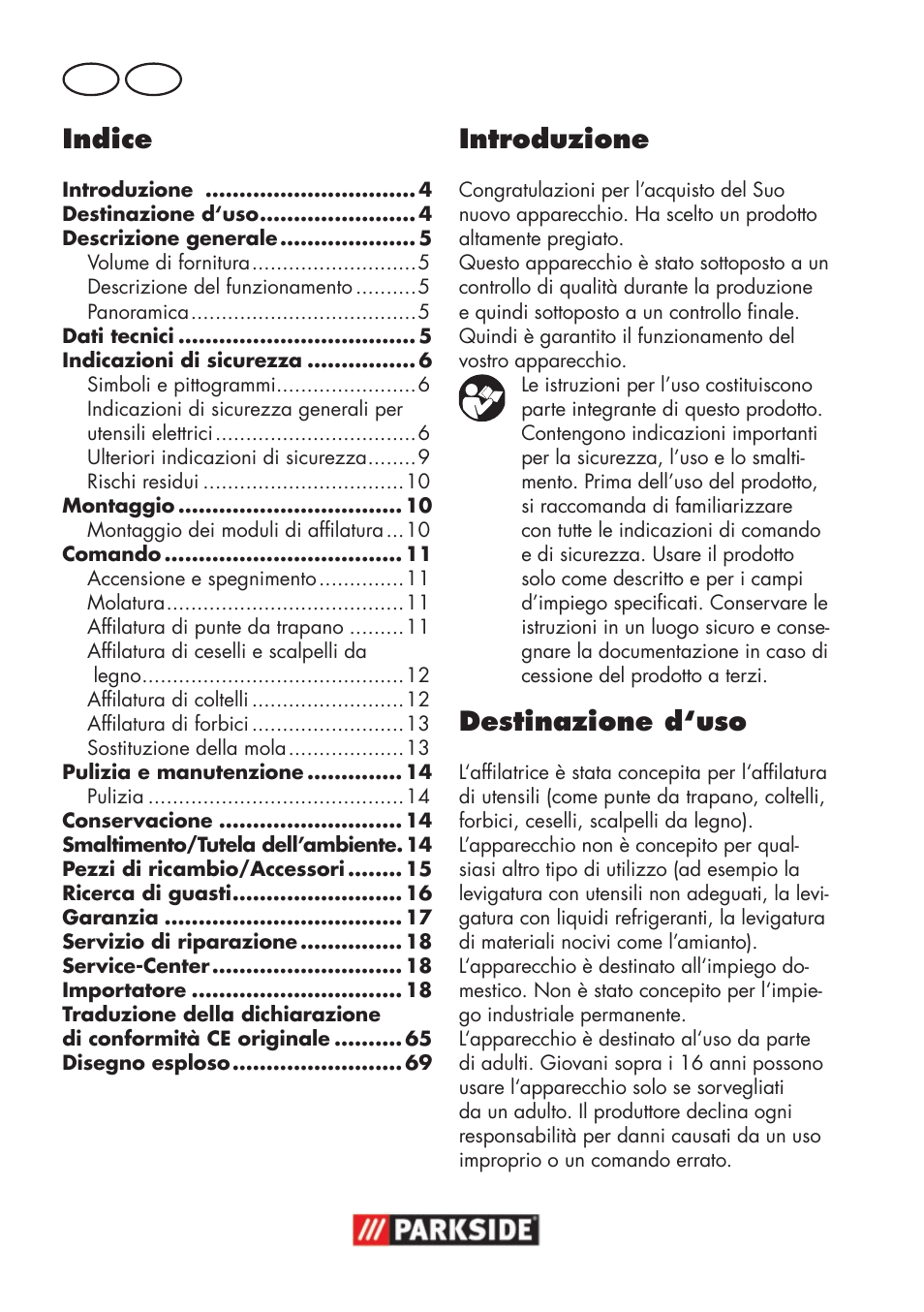 Indice, Introduzione, Destinazione d‘uso | It mt | Parkside PSS 65 A1 User Manual | Page 4 / 72