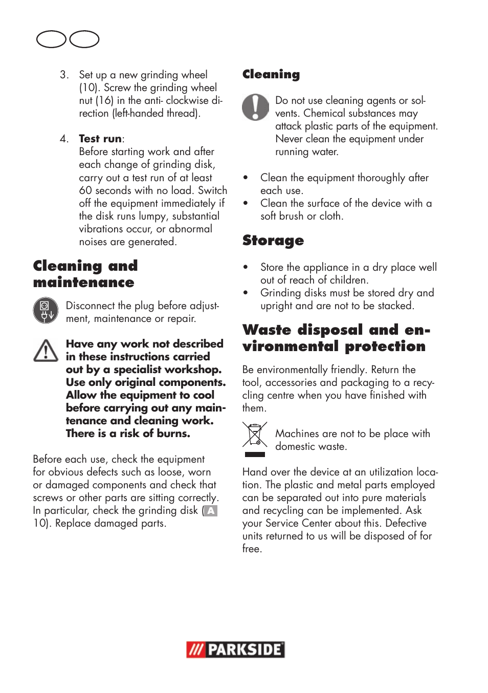 Cleaning and maintenance, Storage, Waste disposal and en- vironmental protection | Parkside PSS 65 A1 User Manual | Page 44 / 72