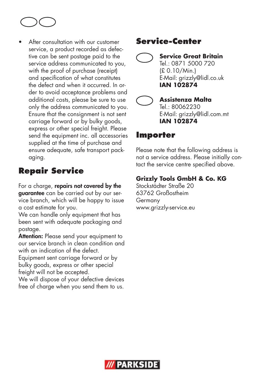 Repair service, Service-center, Importer | Gb mt gb mt | Parkside PSS 65 A1 User Manual | Page 48 / 72