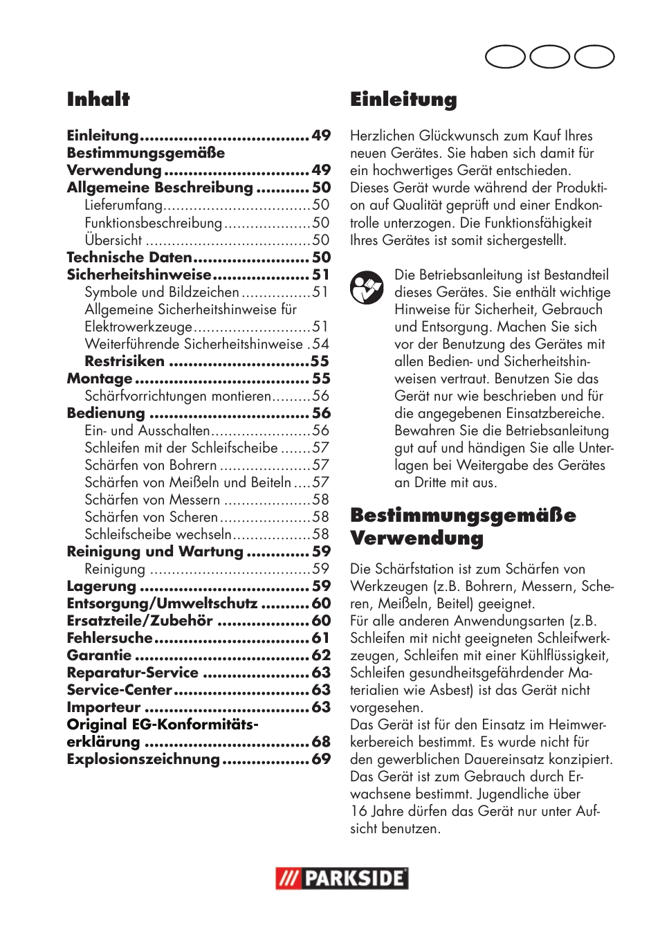 Inhalt, Einleitung, Bestimmungsgemäße verwendung | At ch de | Parkside PSS 65 A1 User Manual | Page 49 / 72