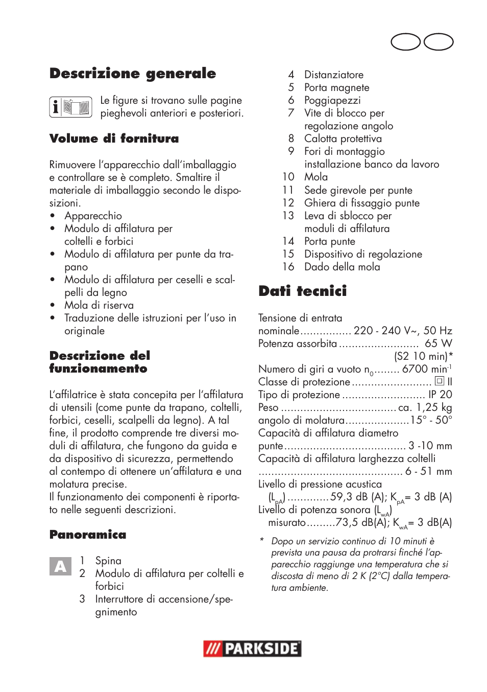 Descrizione generale, Dati tecnici, It mt | Parkside PSS 65 A1 User Manual | Page 5 / 72