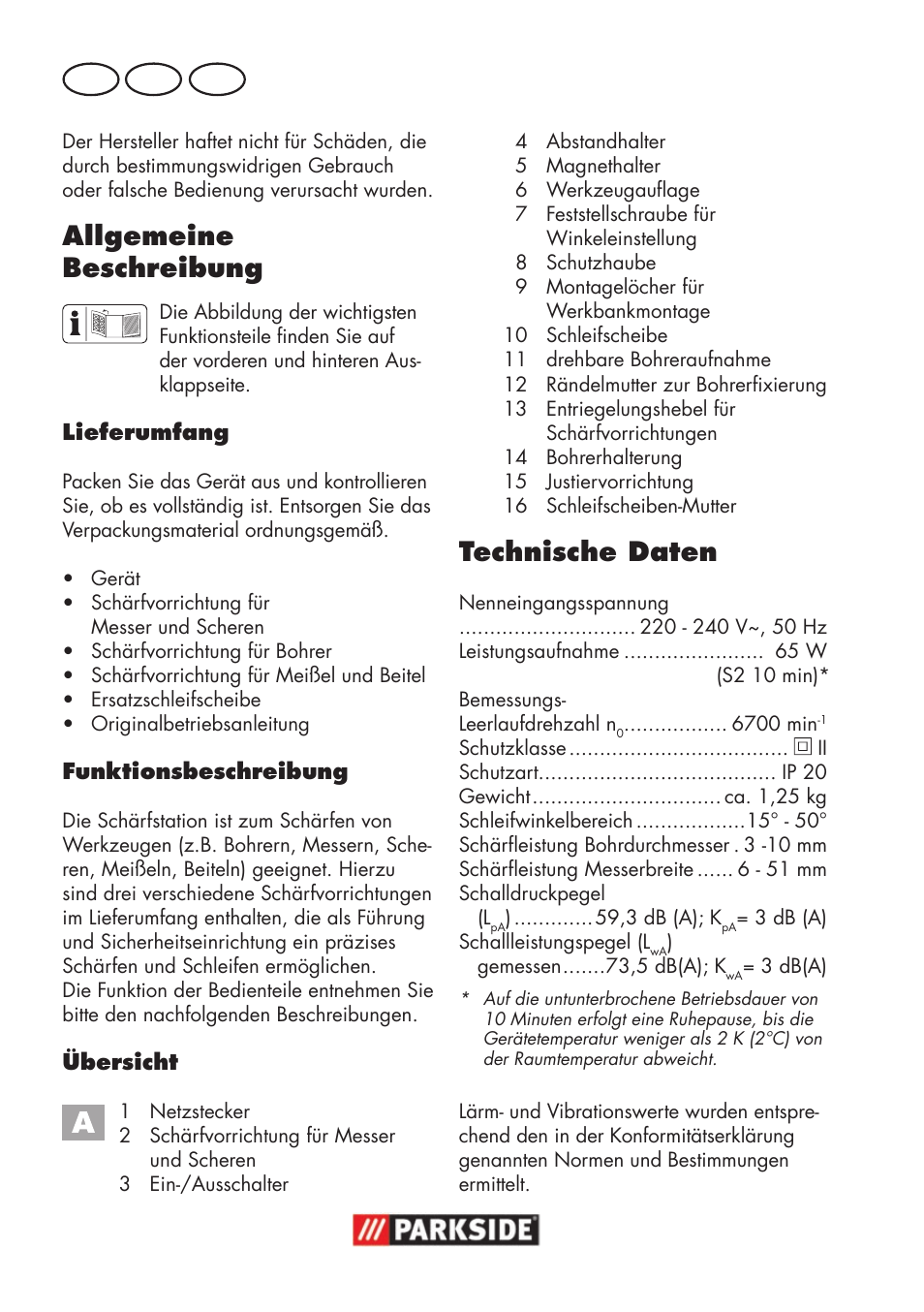 Allgemeine beschreibung, Technische daten, De at ch | Parkside PSS 65 A1 User Manual | Page 50 / 72