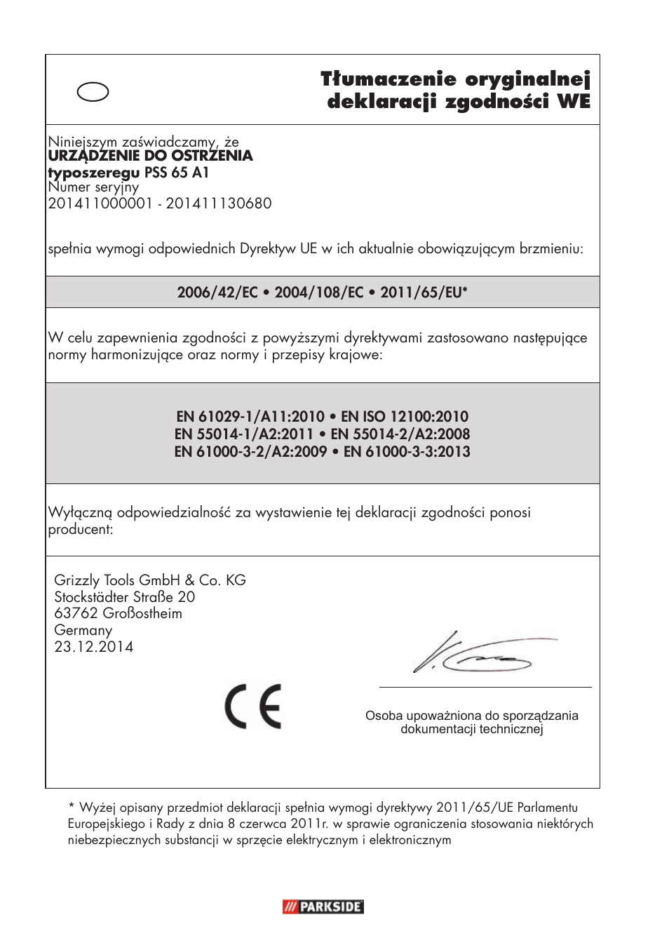 Tłumaczenie oryginalnej deklaracji zgodności we | Parkside PSS 65 A1 User Manual | Page 110 / 120