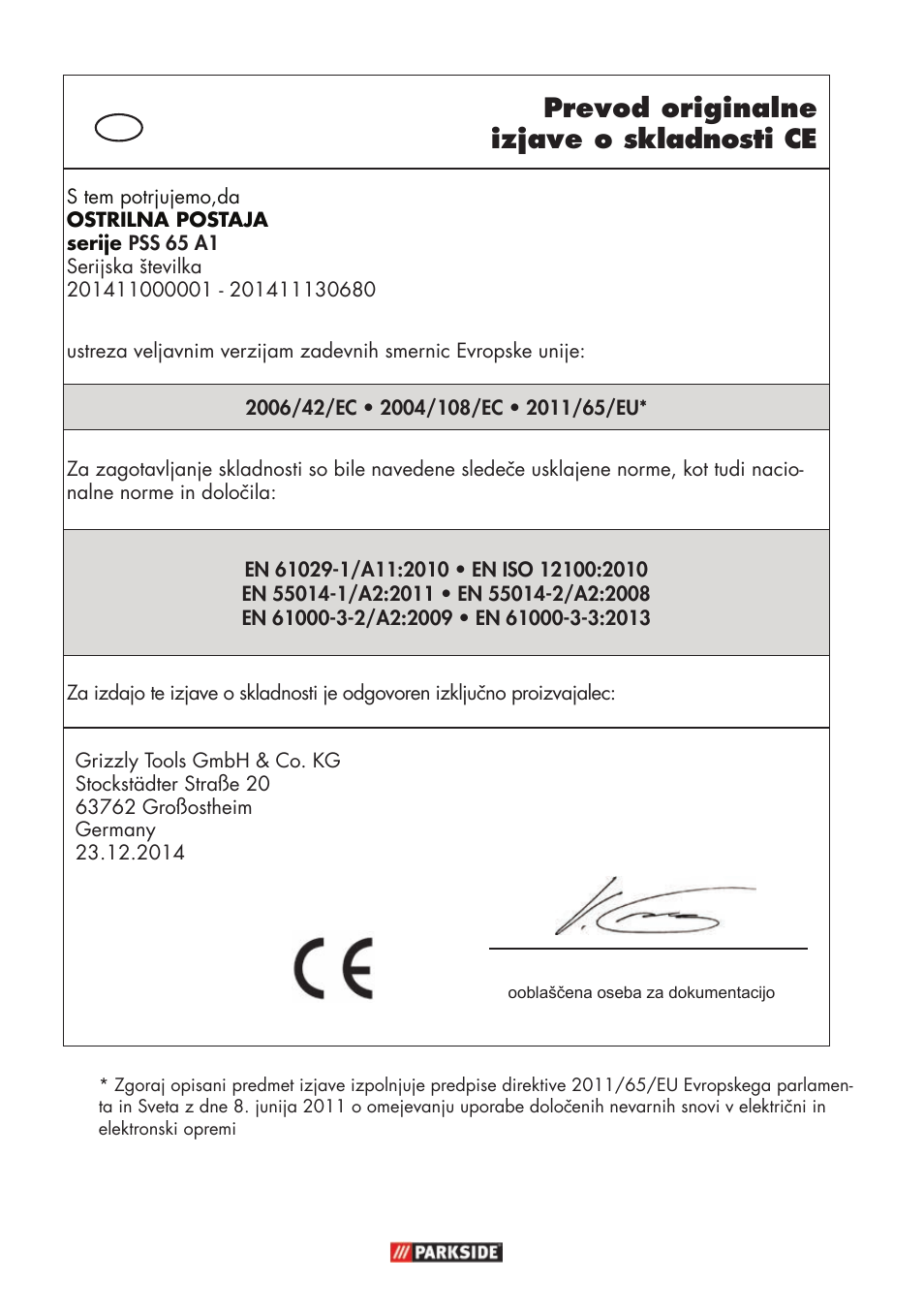 Prevod originalne izjave o skladnosti ce | Parkside PSS 65 A1 User Manual | Page 112 / 120
