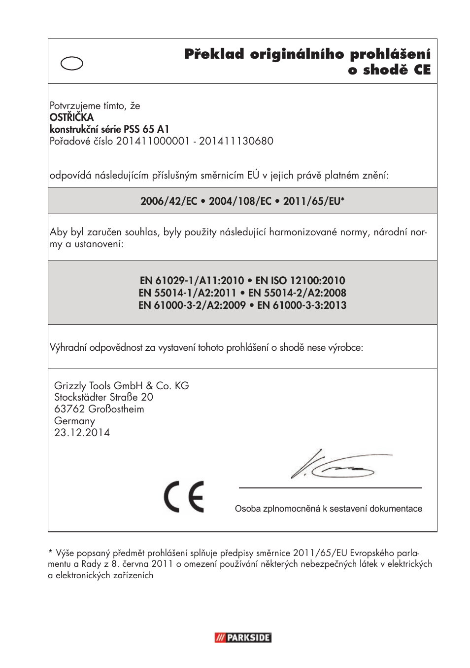 Překlad originálního prohlášení o shodě ce | Parkside PSS 65 A1 User Manual | Page 113 / 120