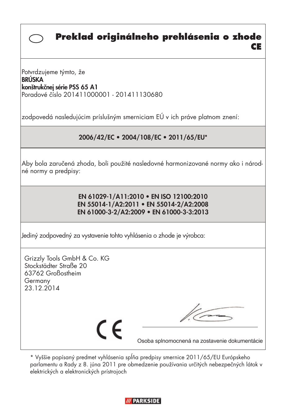 Preklad originálneho prehlásenia o zhode ce | Parkside PSS 65 A1 User Manual | Page 114 / 120