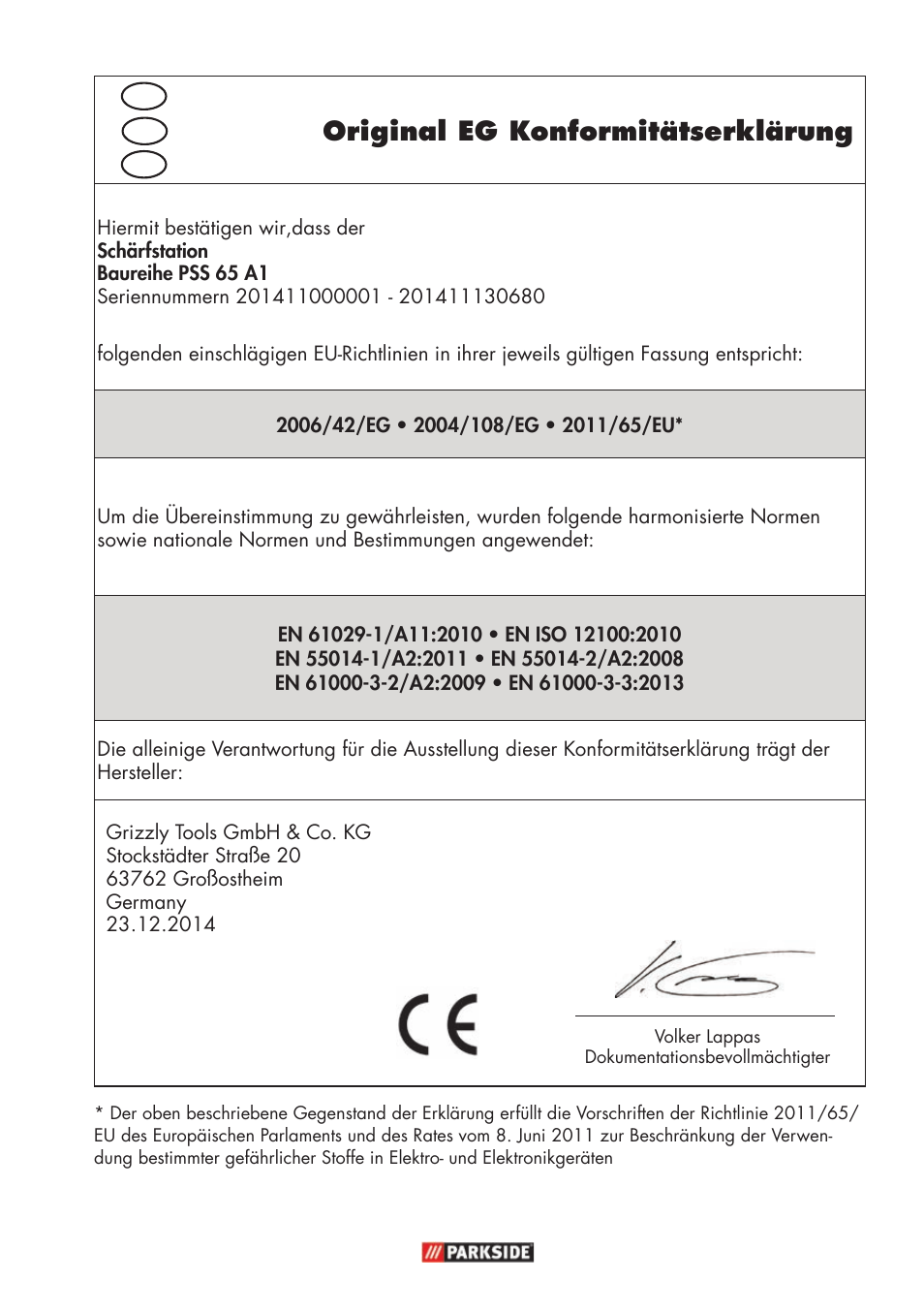 Original eg konformitätserklärung | Parkside PSS 65 A1 User Manual | Page 115 / 120