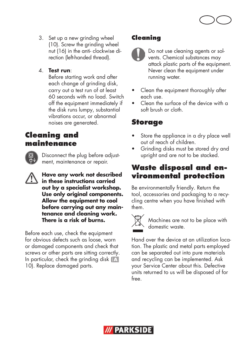 Cleaning and maintenance, Storage, Waste disposal and en- vironmental protection | Parkside PSS 65 A1 User Manual | Page 13 / 120