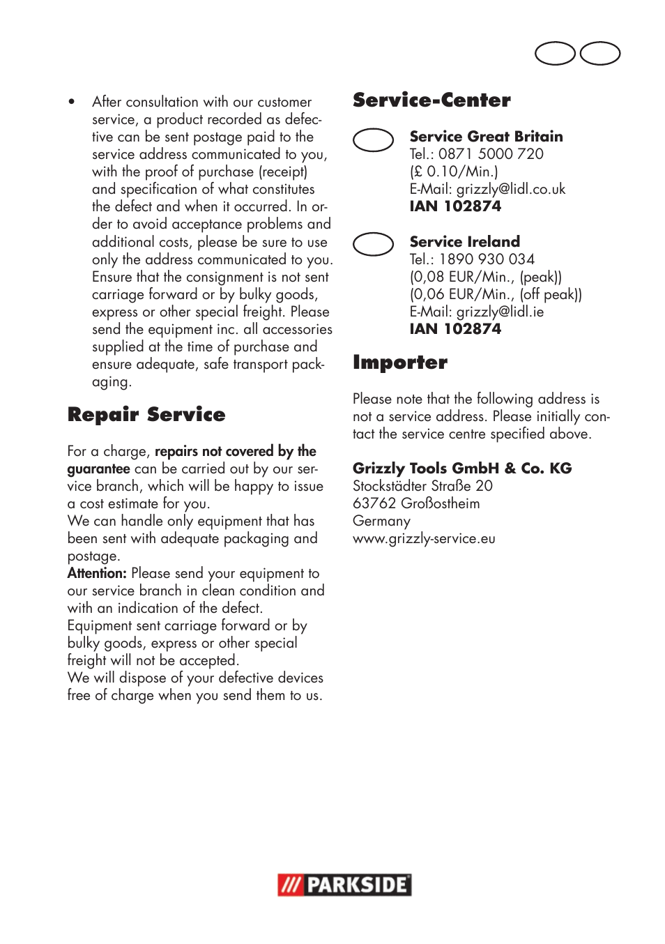 Repair service, Service-center, Importer | Gb ie gb ie | Parkside PSS 65 A1 User Manual | Page 17 / 120