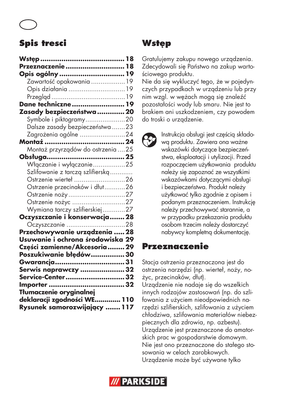 Spis tresci, Wstęp, Przeznaczenie | Parkside PSS 65 A1 User Manual | Page 18 / 120