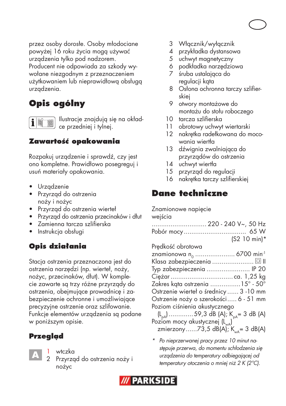 Opis ogólny, Dane techniczne | Parkside PSS 65 A1 User Manual | Page 19 / 120