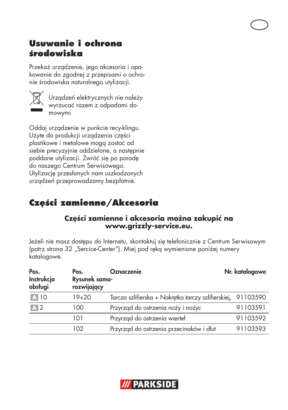 Usuwanie i ochrona środowiska, Części zamienne/akcesoria | Parkside PSS 65 A1 User Manual | Page 29 / 120