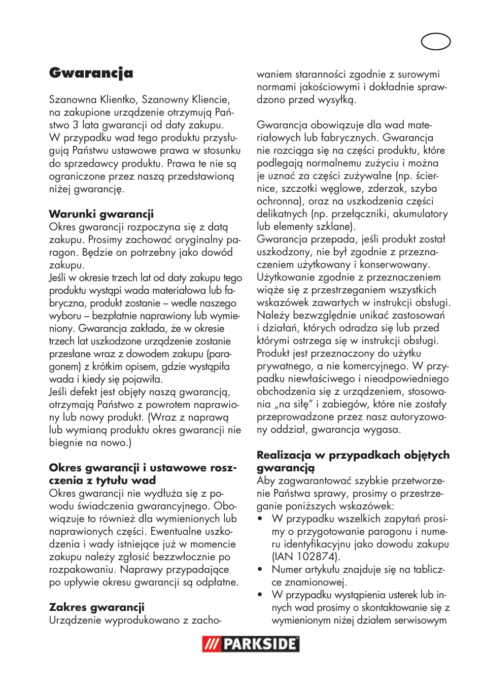 Gwarancja | Parkside PSS 65 A1 User Manual | Page 31 / 120