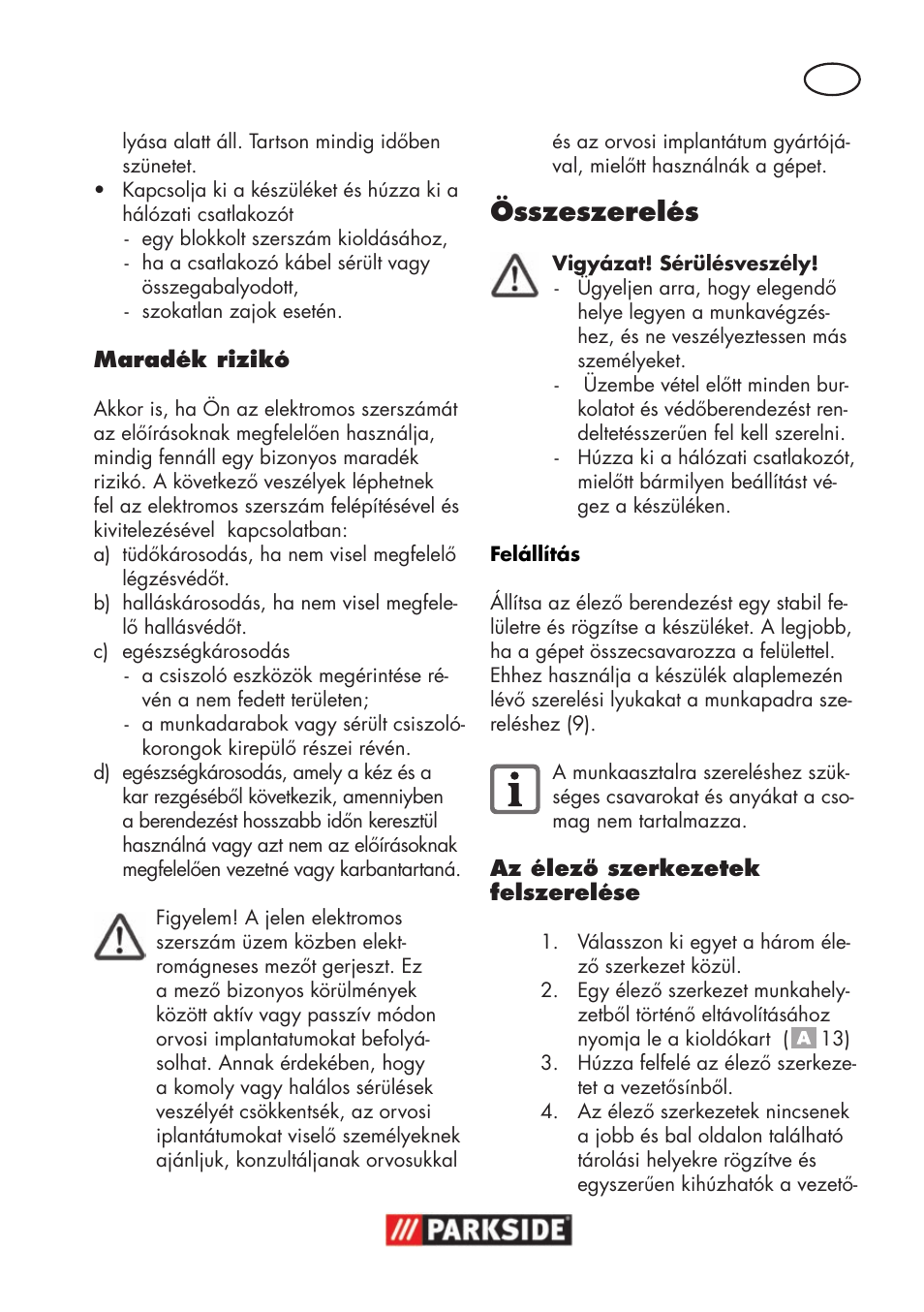 Összeszerelés | Parkside PSS 65 A1 User Manual | Page 39 / 120