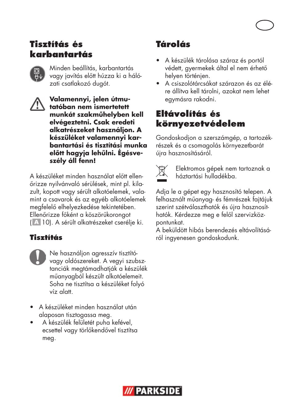 Tisztítás és karbantartás, Tárolás, Eltávolítás és környezetvédelem | Parkside PSS 65 A1 User Manual | Page 43 / 120