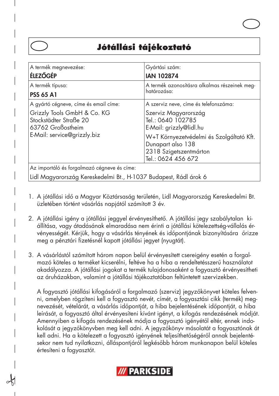 Jótállási tájékoztató | Parkside PSS 65 A1 User Manual | Page 47 / 120