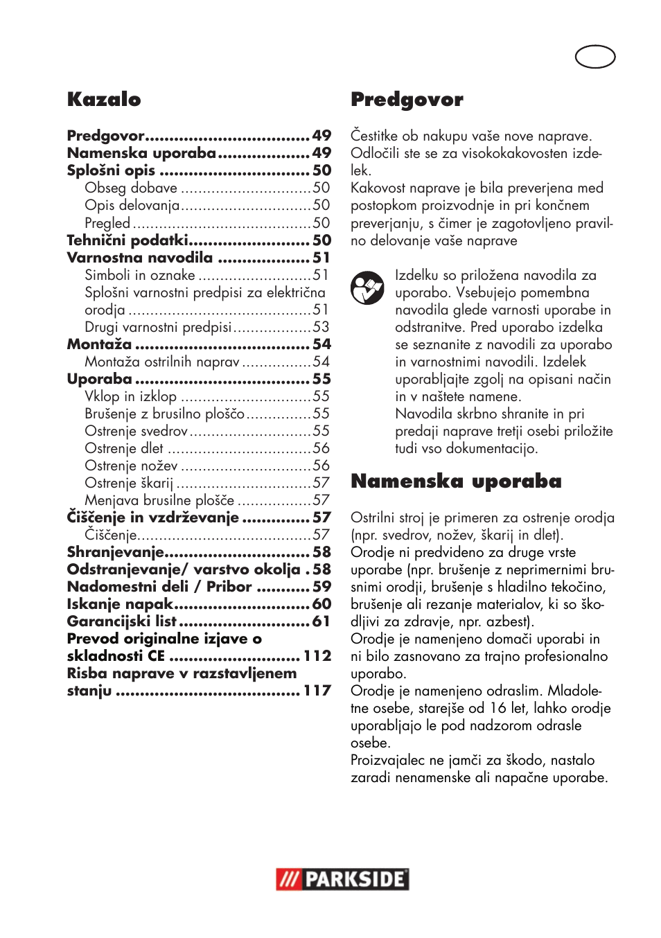 Kazalo, Predgovor, Namenska uporaba | Parkside PSS 65 A1 User Manual | Page 49 / 120