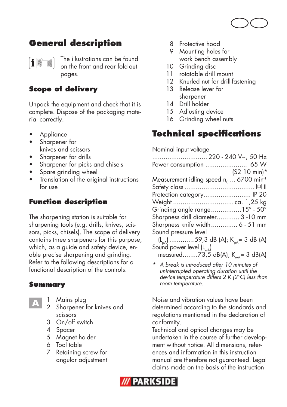 General description, Technical specifications, Gb ie | Parkside PSS 65 A1 User Manual | Page 5 / 120