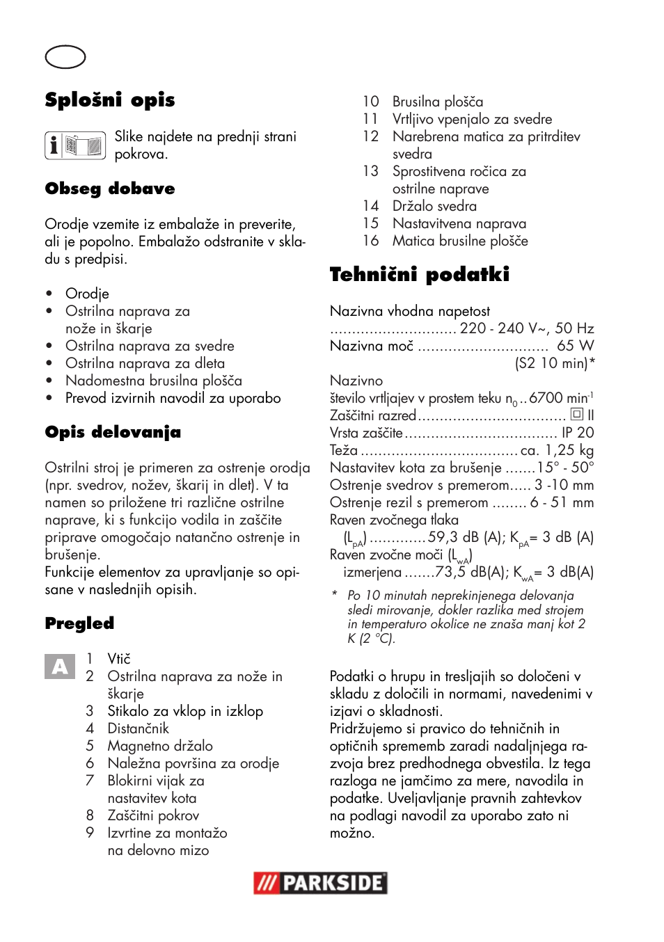 Splošni opis, Tehnični podatki | Parkside PSS 65 A1 User Manual | Page 50 / 120