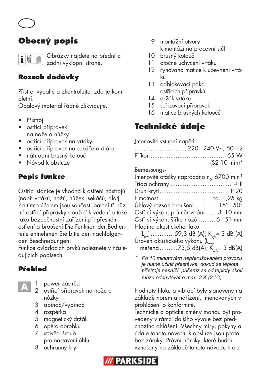 Obecný popis, Technické údaje | Parkside PSS 65 A1 User Manual | Page 64 / 120