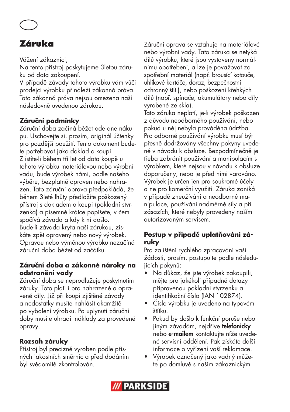 Záruka | Parkside PSS 65 A1 User Manual | Page 76 / 120