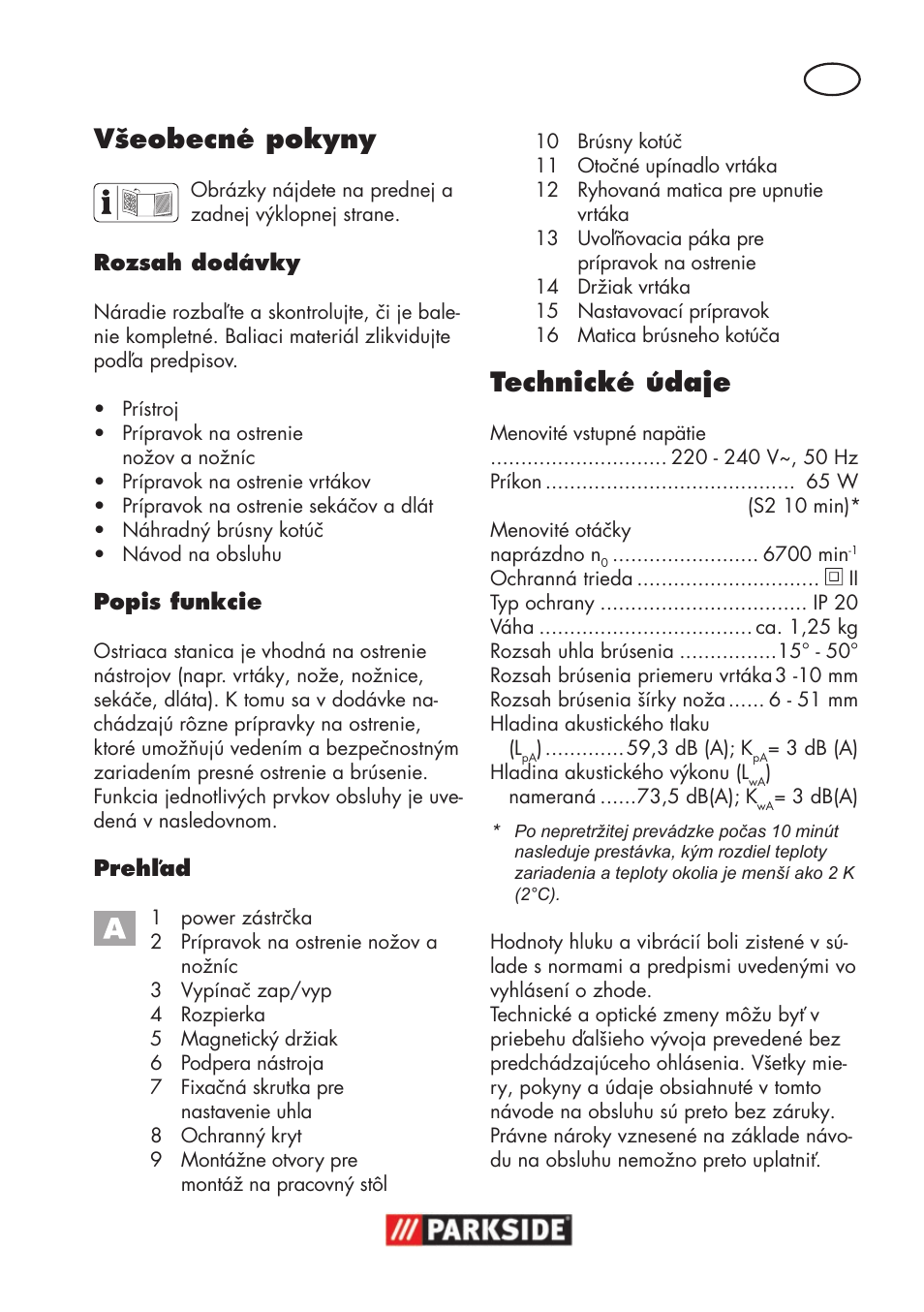 Všeobecné pokyny, Technické údaje | Parkside PSS 65 A1 User Manual | Page 79 / 120