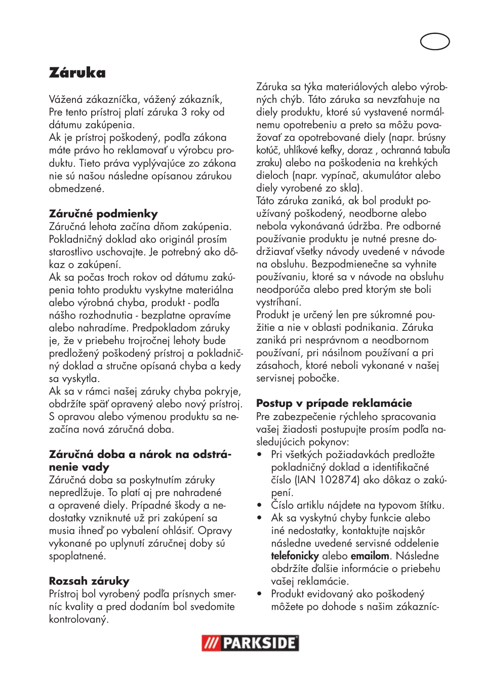 Záruka | Parkside PSS 65 A1 User Manual | Page 91 / 120