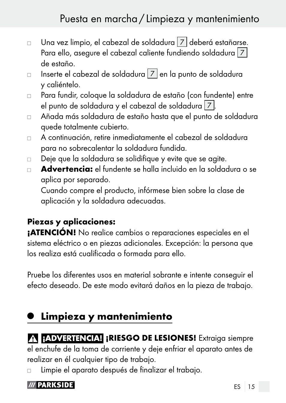 Puesta en marcha / limpieza y mantenimiento, Limpieza y mantenimiento | Parkside PLS 48 B1 User Manual | Page 15 / 84