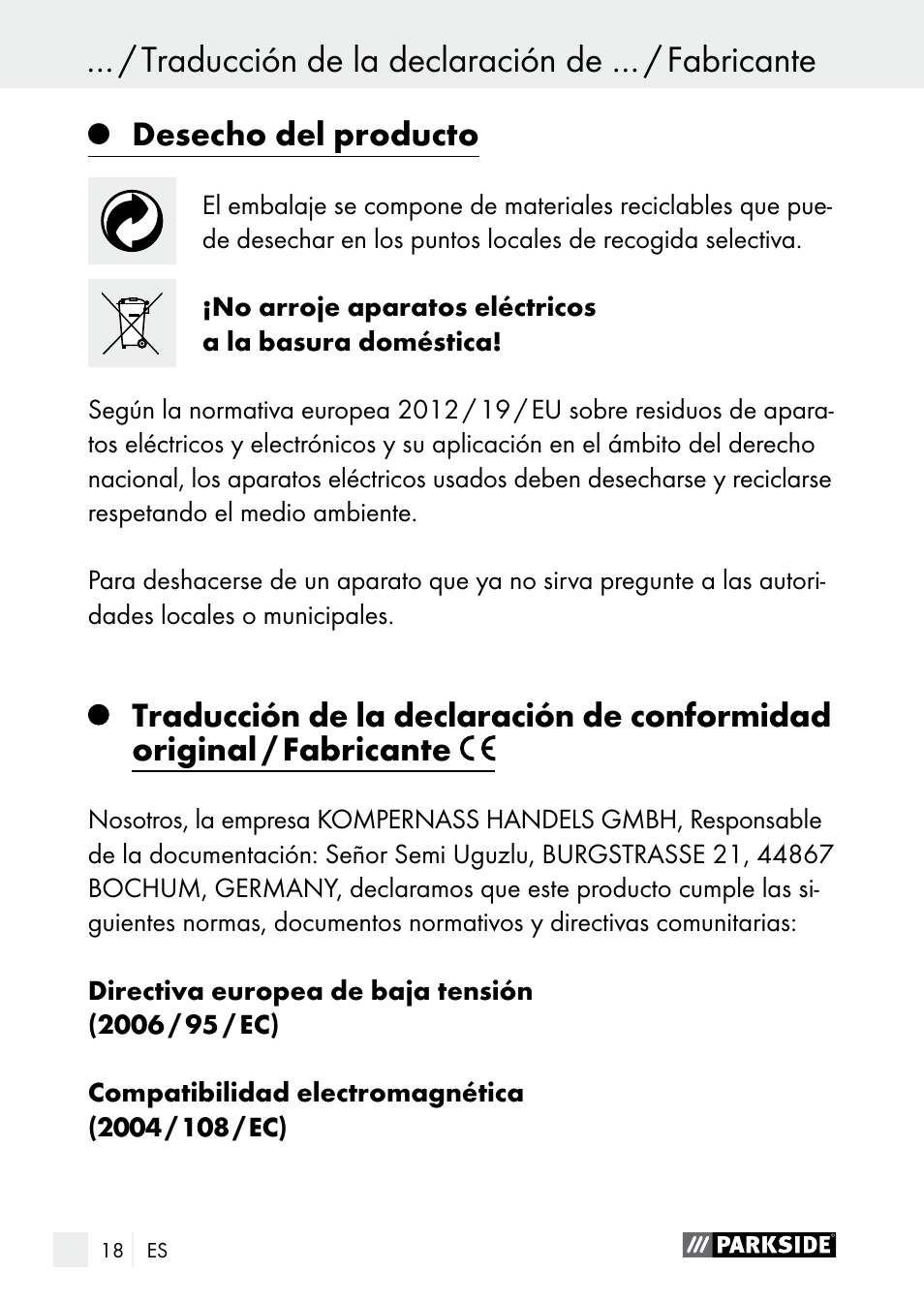 Desecho del producto | Parkside PLS 48 B1 User Manual | Page 18 / 84