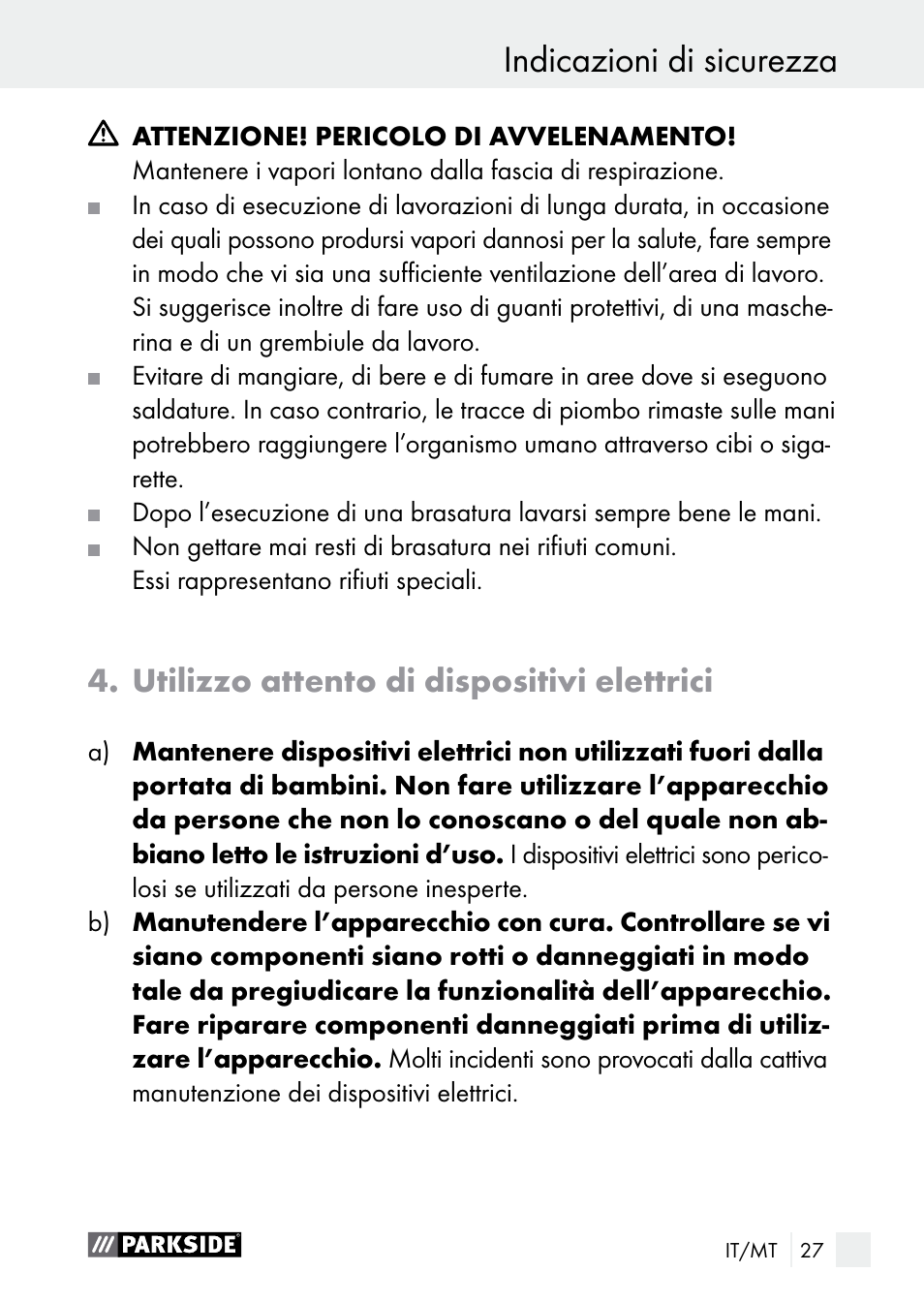 Indicazioni di sicurezza, Utilizzo attento di dispositivi elettrici | Parkside PLS 48 B1 User Manual | Page 27 / 84