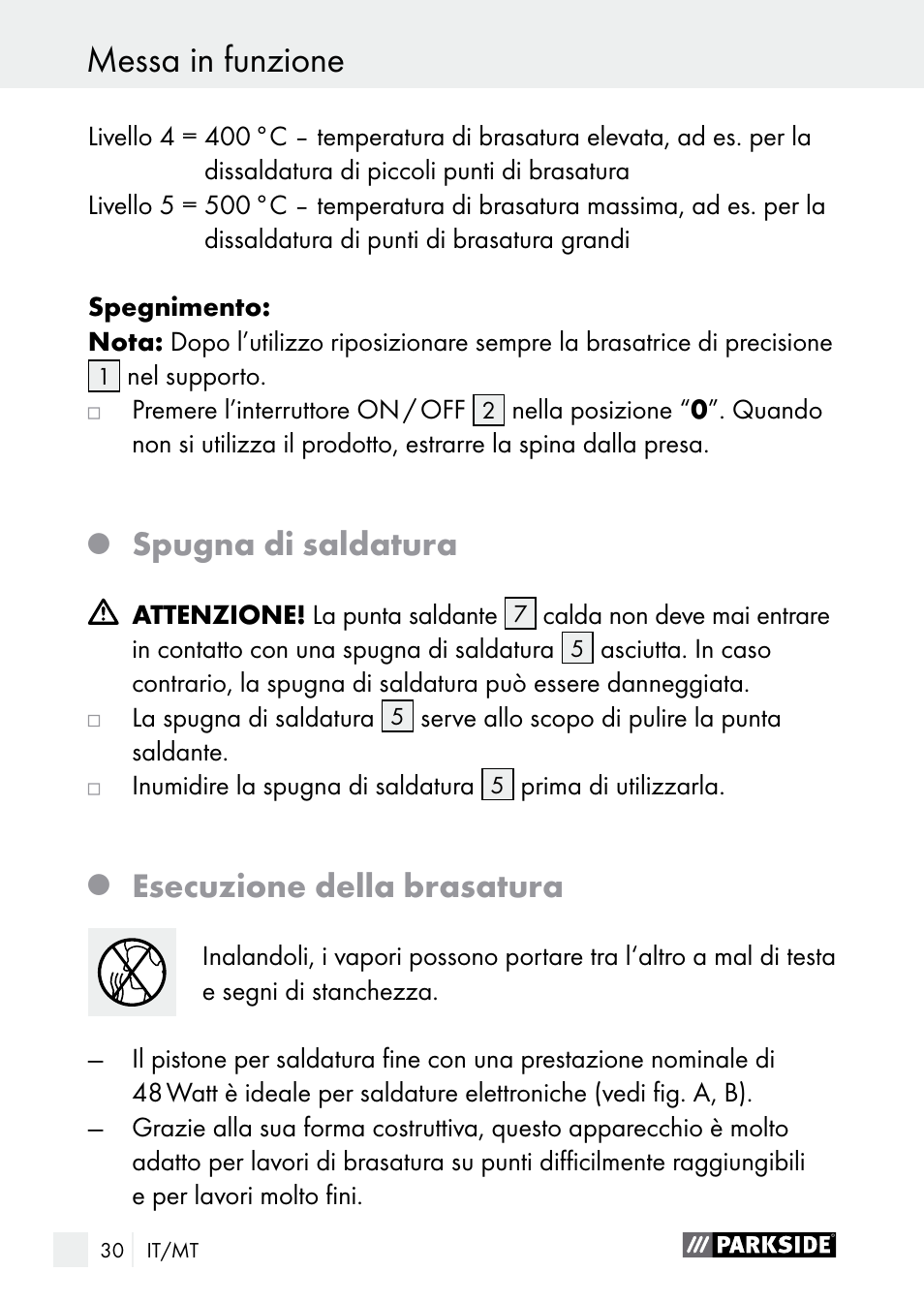 Messa in funzione, Messa in funzione / manutenzione e pulizia, Spugna di saldatura | Esecuzione della brasatura | Parkside PLS 48 B1 User Manual | Page 30 / 84