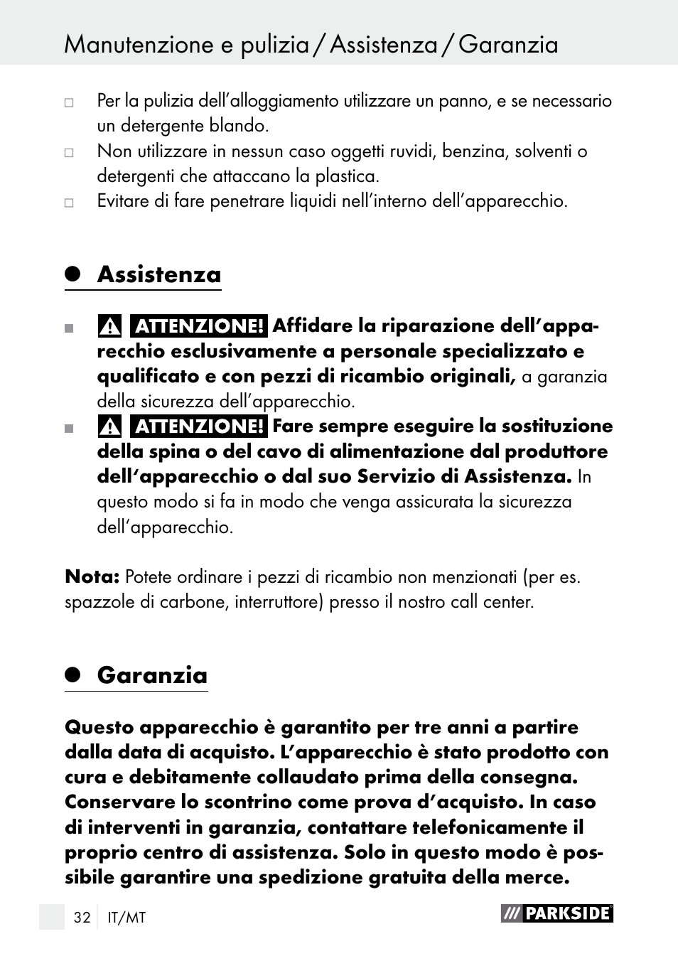 Manutenzione e pulizia / assistenza / garanzia, Assistenza, Garanzia | Parkside PLS 48 B1 User Manual | Page 32 / 84