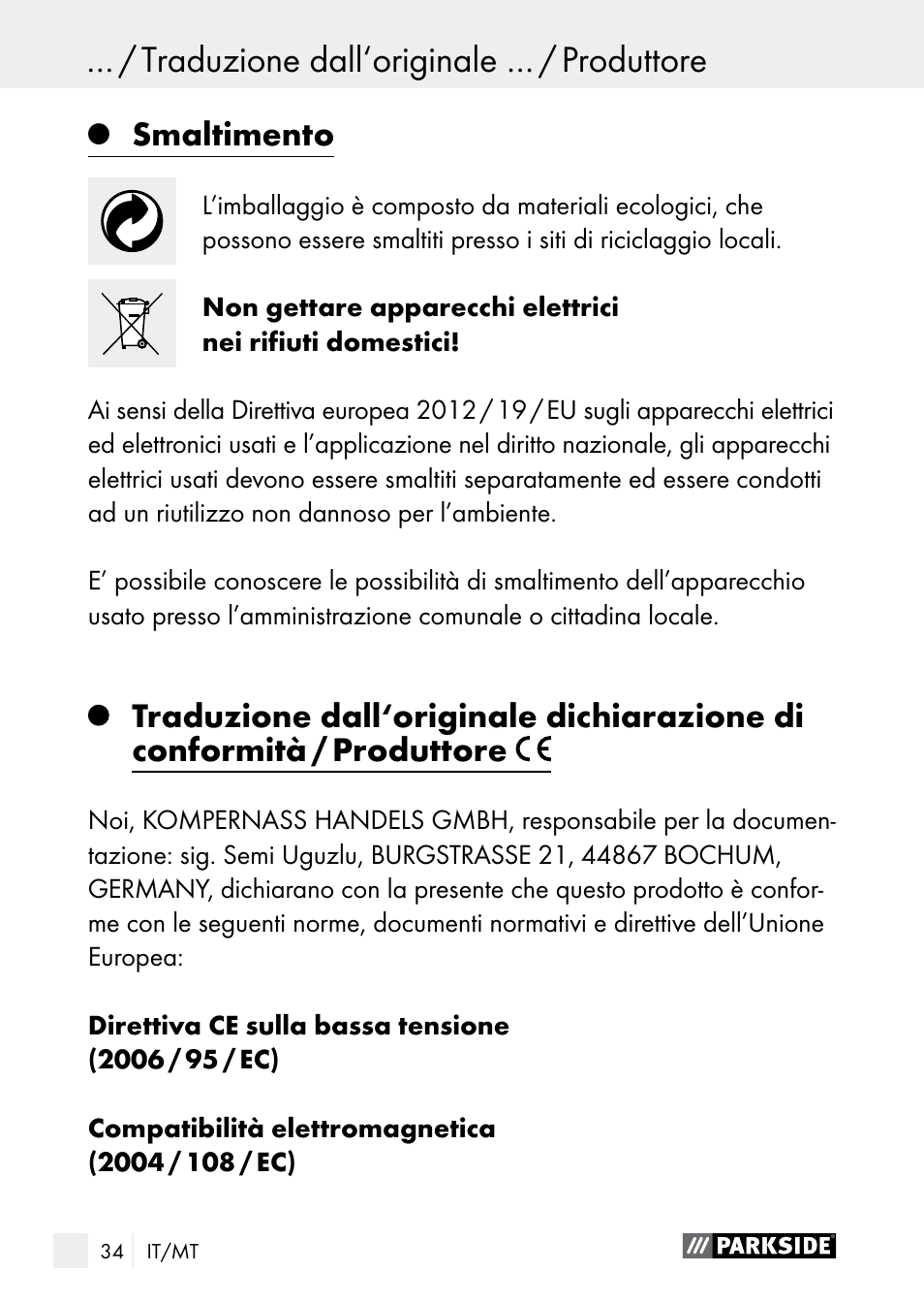 Smaltimento | Parkside PLS 48 B1 User Manual | Page 34 / 84