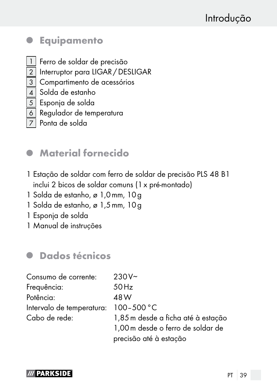 Introdução, Equipamento, Material fornecido | Dados técnicos | Parkside PLS 48 B1 User Manual | Page 39 / 84