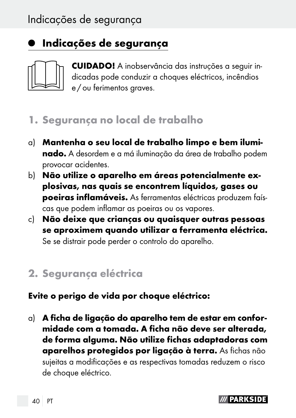 Indicações de segurança, Segurança no local de trabalho, Segurança eléctrica | Parkside PLS 48 B1 User Manual | Page 40 / 84