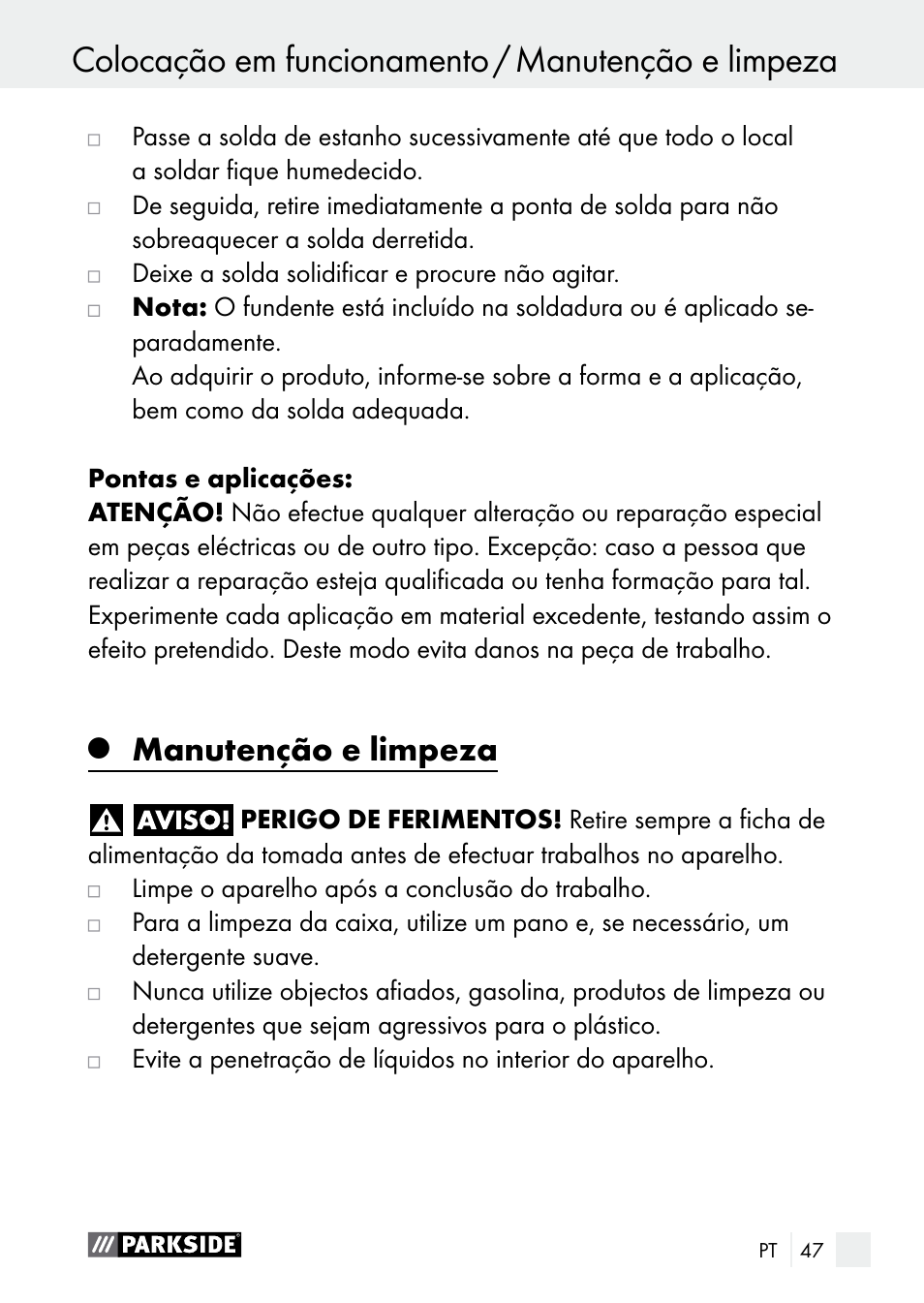 Colocação em funcionamento, Colocação em funcionamento / manutenção e limpeza, Manutenção e limpeza | Parkside PLS 48 B1 User Manual | Page 47 / 84