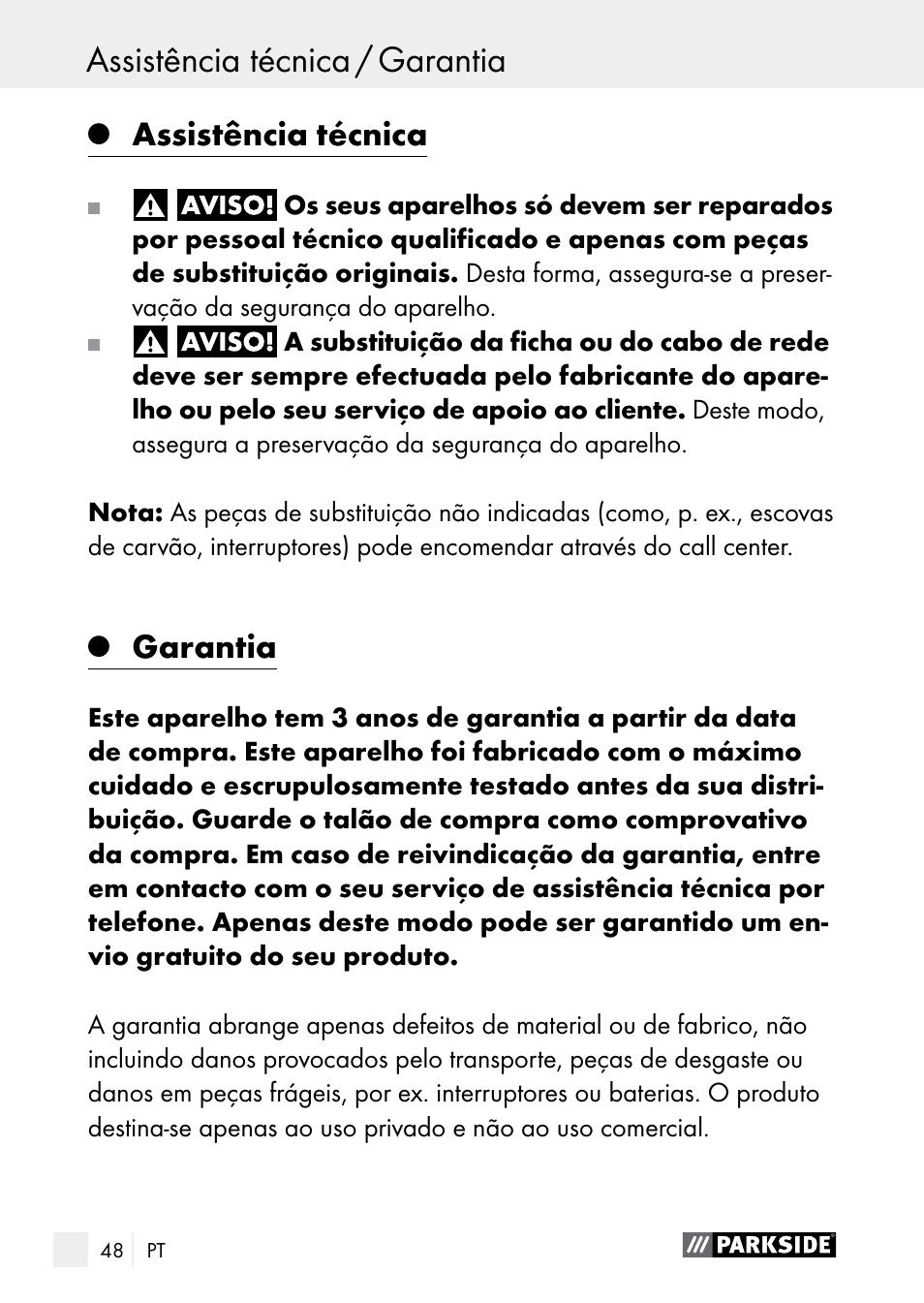 Assistência técnica, Garantia | Parkside PLS 48 B1 User Manual | Page 48 / 84