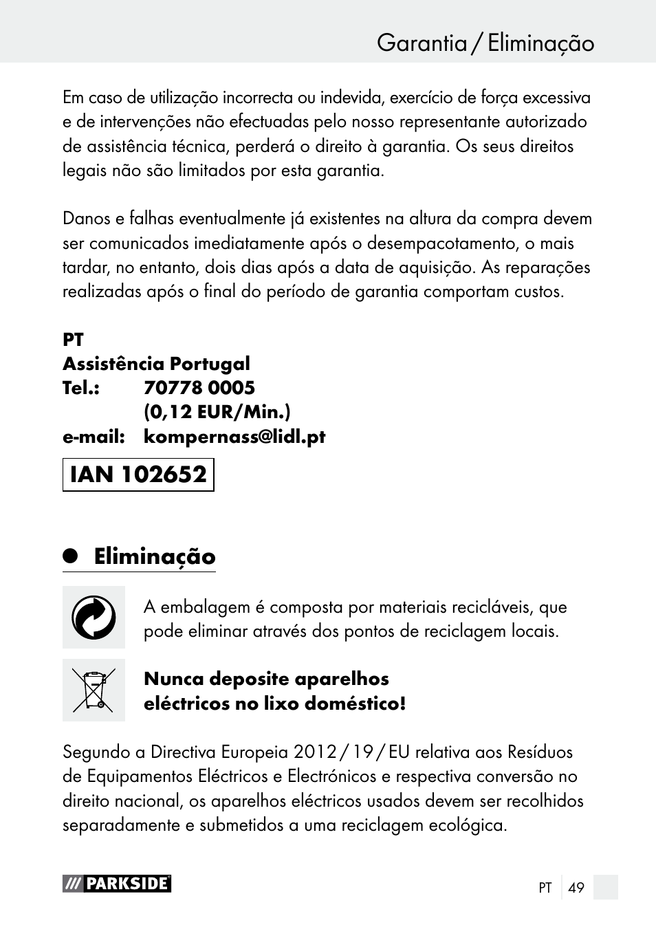 Assistência técnica / garantia, Garantia / eliminação, Eliminação | Parkside PLS 48 B1 User Manual | Page 49 / 84