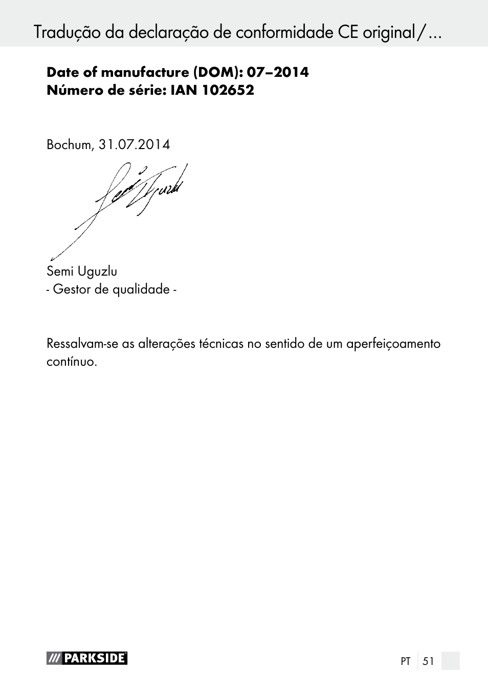 Tradução da declaração de conformidade ce original | Parkside PLS 48 B1 User Manual | Page 51 / 84