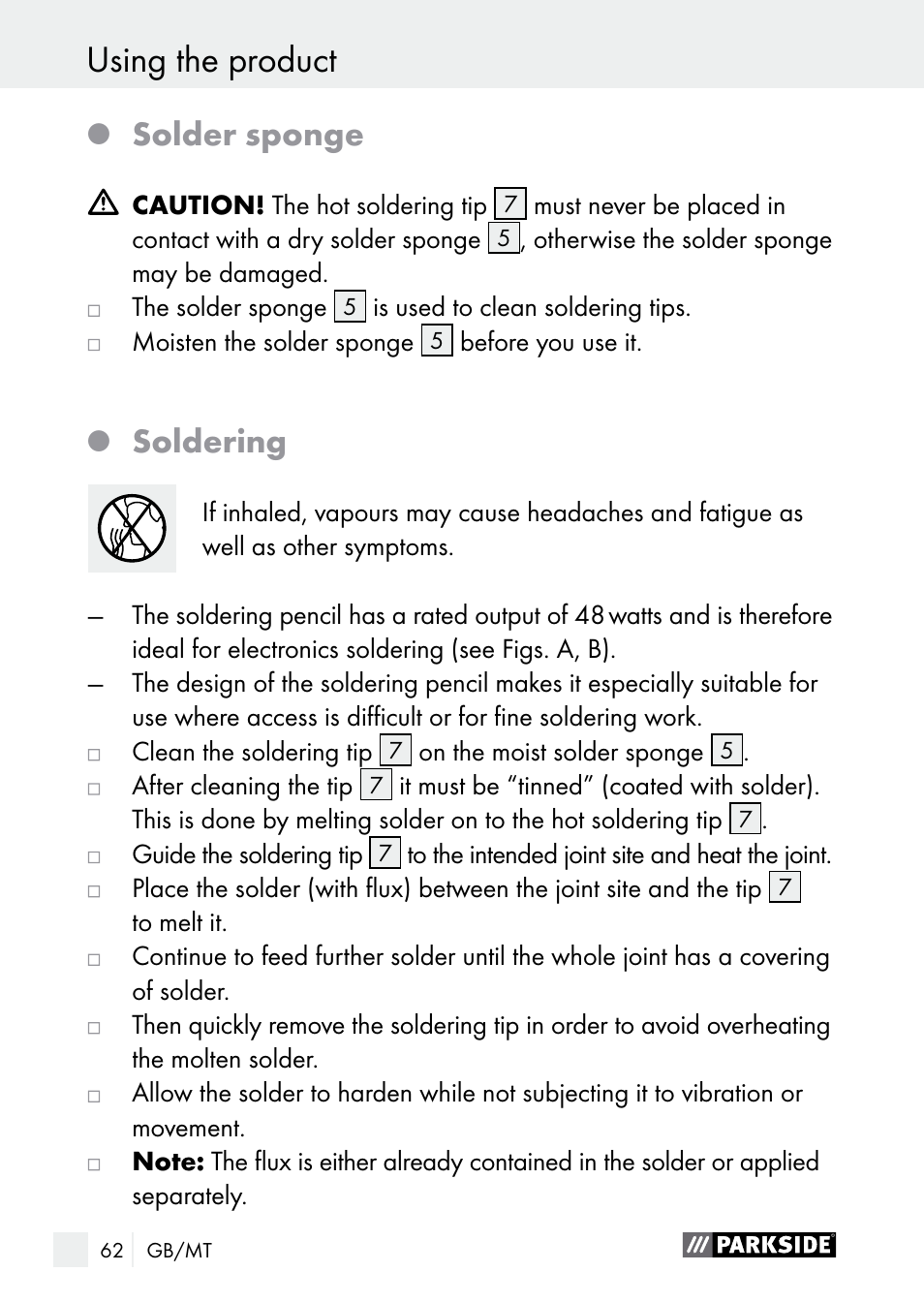 Using the product, Maintenance and cleaning / service centre, Solder sponge | Soldering | Parkside PLS 48 B1 User Manual | Page 62 / 84