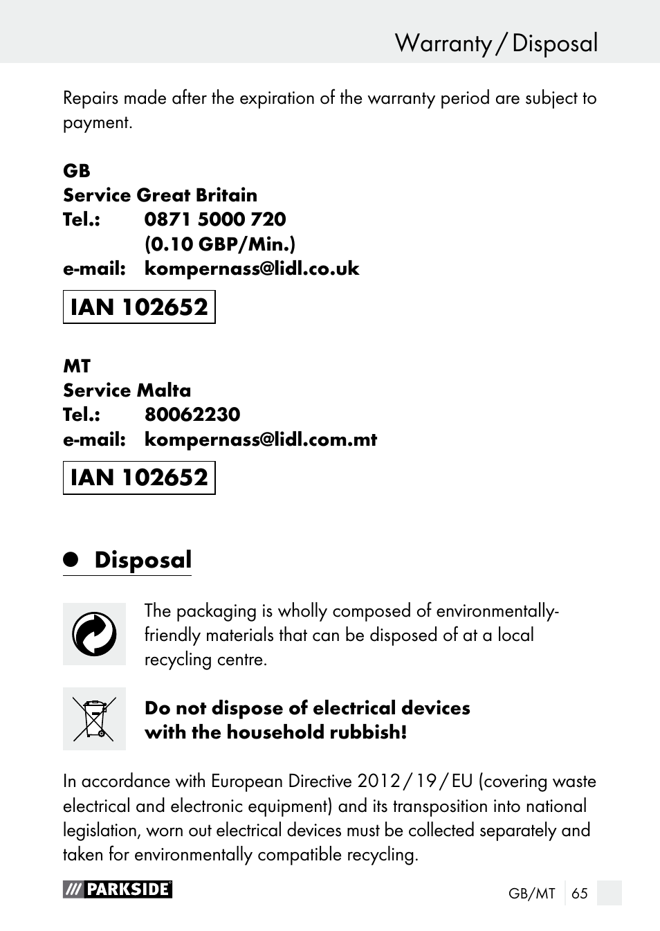 Service centre / warranty warranty / disposal, Disposal | Parkside PLS 48 B1 User Manual | Page 65 / 84