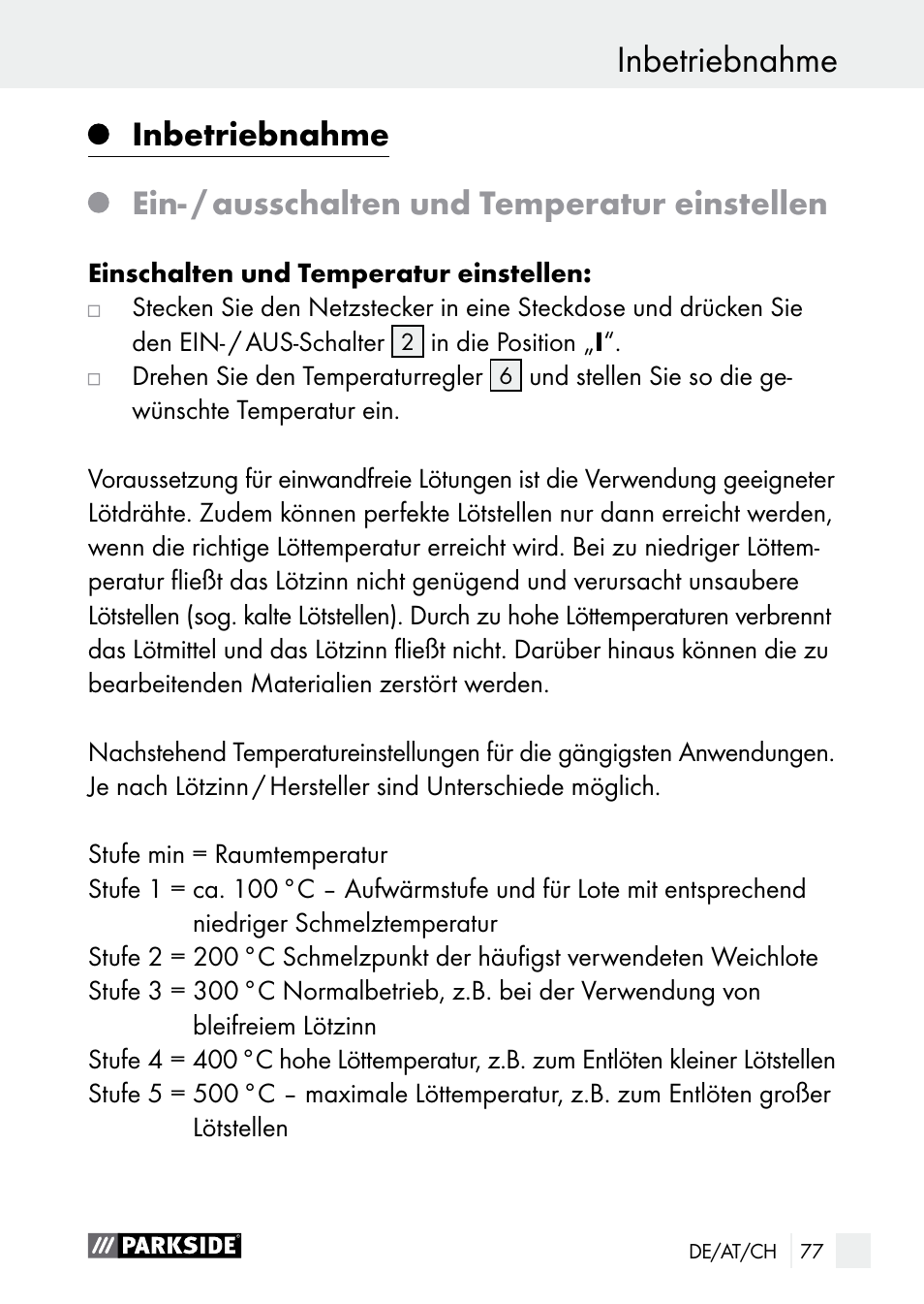 Inbetriebnahme, Ein- / ausschalten und temperatur einstellen | Parkside PLS 48 B1 User Manual | Page 77 / 84