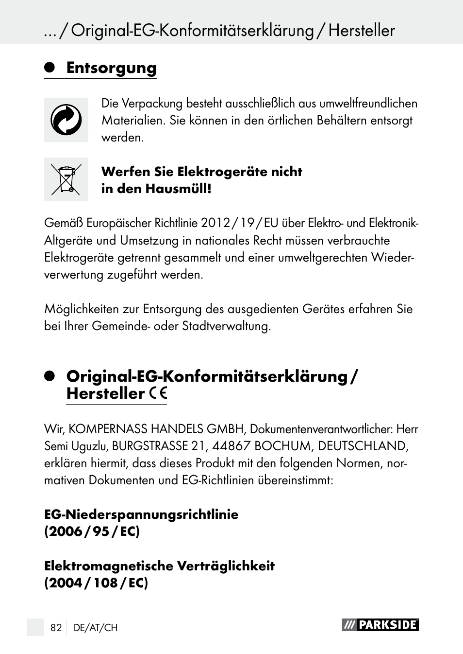 Entsorgung, Original-eg-konformitätserklärung / hersteller | Parkside PLS 48 B1 User Manual | Page 82 / 84