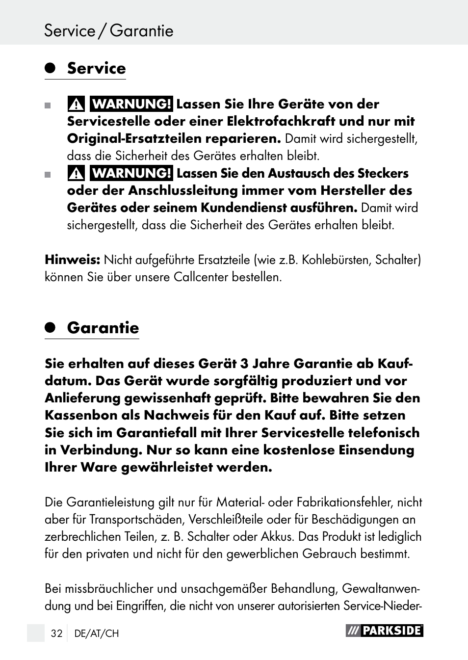 Service / garantie garantie, Service, Garantie | Parkside PLS 48 B1 User Manual | Page 32 / 52